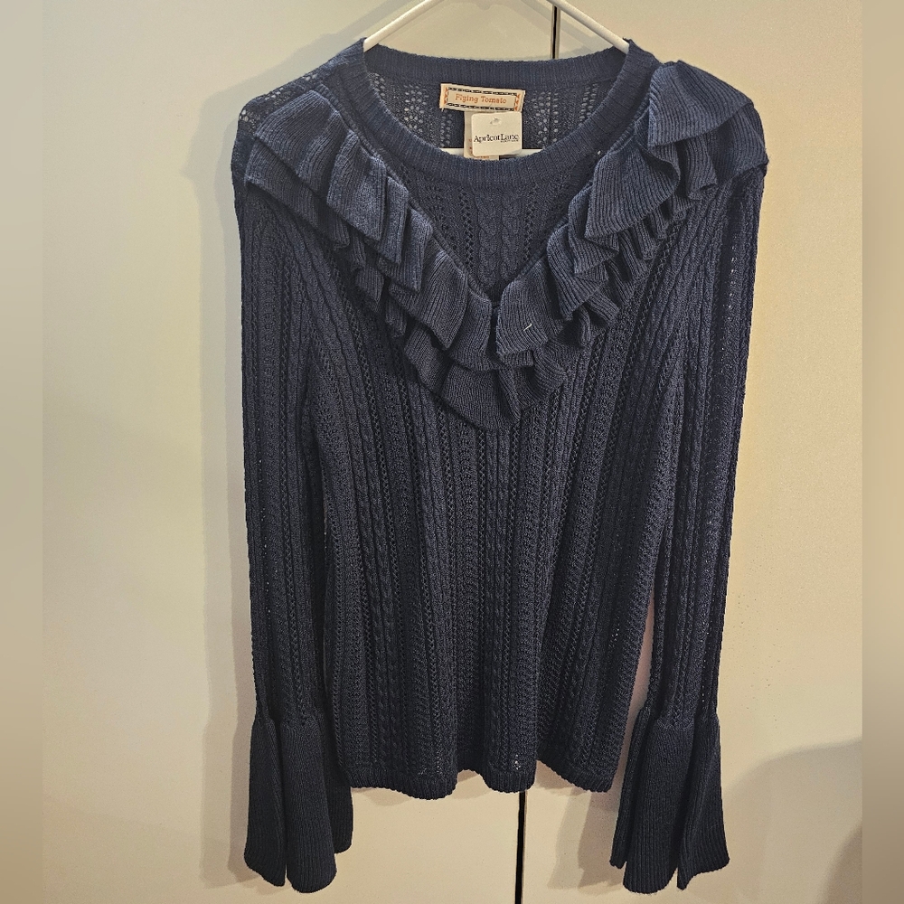 NWT Flying Tomato Navy Blue Ruffle V-Neck Sweater